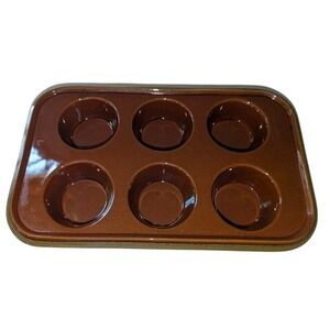 Paula Deen Signature Brown Stoneware 6-Cup Muffin Pan Raised Swirl Oven To Table